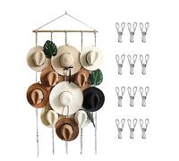 JOJOCY Porta cappelli da parete, organizer per cappelli con 12 clip, porta cappelli stile boho, decorazione per cappelli Fedora, da cowboy, a tesa larga, 155 x 80 cm