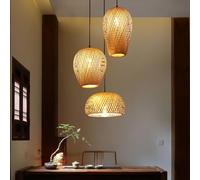JOJOM Retro Bamboo Pendant Light E27 Lanterna di bambù naturale Rattan intrecciato a mano Tre pezzi Altezza regolabile Luce appesa Lampadario a soffitto per sala da pranzo Camera da letto Bar Illumina