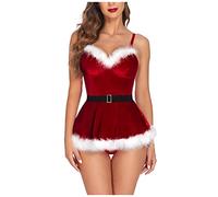 JokeLomple Sexy Natale Lingerie Set - Sexy Hot Natale per Sesso Aperto Completi Intimi Babydoll Rosso Lingerie Natalizia Pizzo Babydoll Pigiami Sleepwear Miss Babbo Natale Cosplay Vestito