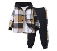 JokeLomple Vestiti per Bambini Piccoli, Camicia con Cappuccio a Quadri, Completo da 2 Pezzi: Felpa con Cappuccio e Pantaloni della Tuta con Bottoni sul Davanti (3~7 Anni)