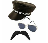 jokeshop YMCA - Set da 3 pezzi per motociclisti, cappello con catena, baffi e occhiali) per feste in maschera per persone gay