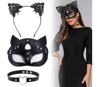 JOKILY Catwoman - Maschera da donna a forma di gatto, lucida, 3 pezzi, per costume da catwoman da donna, in pelle PU, per carnevale e feste, Nero