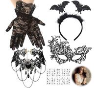 JOKILY Halloween Steampunk, accessori da donna, 5 pezzi, gotico, guanti in pizzo nero, collana per gli occhi, maschera per tatuaggi, accessorio per costume di carnevale, costume da matrimonio,