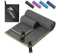 Jokisa 2 Set Asciugamano Microfibra (180x90cm Telo Grande+100x50cm Telo Palestra),Asciugatura Rapida e Senza Sabbia Telo Mare,Asciugamani Palestra Adatto per Fitness,Spiaggia (Scuro Grigio - Verde)
