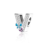 Jokmeo Ciondolo con iniziale V in argento 925 per donne con motivi di farfalla, compatibile con bracciali e collari dello stile Pandora e europeo, adatto a donne e ragazze.