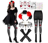 Jokureao Set di 7 fasce per Halloween per il giorno dei morti, accessori per costume da donna con collant a scheletro, collana in pizzo, adesivi per il viso e guanti per feste di Halloween