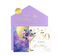 Joli Coon Biglietto auguri compleanno 50 ELEGANT - Biglietto pieghevole di alta qualità con illustrazione floreale di martini e busta in colori pastello - Biglietto auguri compleanno 50 anni donna