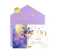 Joli Coon Biglietto auguri compleanno 90 ELEGANTE - Biglietto pieghevole di alta qualità con illustrazione floreale di martini e busta in colori pastello - Biglietto auguri compleanno 90 anni donna