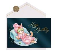 JoliCoon Biglietto auguri compleanno premium gatto STARDUST Relax - Biglietto auguri compleanno con busta in carta premium e autentico sigillo in cera