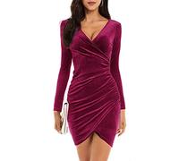 Joligiao Abito da Donna Elegante Abito Invernale in Velluto Abito da Cocktail Abito Aderente a Maniche Lunghe Vintage Vestito Sexy Scollo a V Corto Vestito Festa da Sera Invernale(A-Rosa,S)