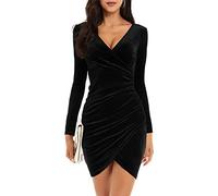 Joligiao Abito da Donna Elegante Abito Invernale in Velluto Abito da Cocktail Abito Aderente a Maniche Lunghe Vintage Vestito Sexy Scollo a V Corto Vestito Festa da Sera Invernale(A-Nero,S)