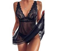 Joligiao Babydoll Donna Lingerie Sexy Trasparente Camicia da Notte in Pizzo e G-String Set Scollo a V Babydoll Pigiama Vestaglia Lace Intima da Notte Sleepwear Abito Chemise (Nero,L)