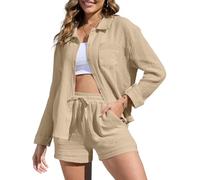 Joligiao Completo da Donna in Cotone e Lino 2 Pezzi Camicia a Manica Lunga con Bottoni Pantaloncini Corti a Vita Alta Eslatica con Coulisse Casual Completi Spiaggia Lavoro Vacanza(cachi,XXL)