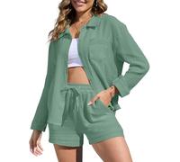 Joligiao Completo da Donna in Cotone e Lino 2 Pezzi Camicia a Manica Lunga con Bottoni Pantaloncini Corti a Vita Alta Eslatica con Coulisse Casual Completi Spiaggia Lavoro Vacanza(verde chiaro,S)
