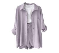 Joligiao Completo Donna Elegante 2 Pezzi in Lino e Cotone Estivo Tuta da Donna Estivi Camicia a Maniche Lunghe e Pantaloncini con Coulisse e Tasche Sportivo Tuta da Spiaggia(Viola,S)