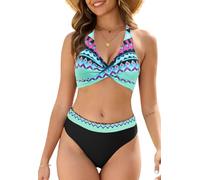 Joligiao Costume da Bagno Donna Halter Costume Donna Due Pezzi Vita Alta Curvy Bikini Set Sexy Push Up Imbottito Bikini Mare Color Blocking 2 Pezzi Costumi Bagno Spiaggia Sportivo Beachwear Swimwear