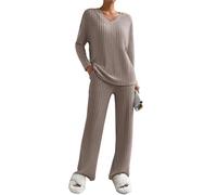 Joligiao Set da Salotto da Donna in 2 Pezzi Tuta da Donna in maglia Completo Elegante Set di Pantaloni a Gamba Larga e Maglione Manica Corta Girocollo Set Loungewear Autunnale Invernale(Kaki,XL)