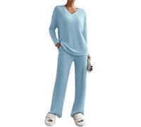 Joligiao Tuta da Donna in 2 Pezzi - Completo Elegante in Maglia Con Pantaloni a Gamba Larga e Maglione Manica Corta Girocollo - Set Loungewear Autunnale Invernale (Blu, L)