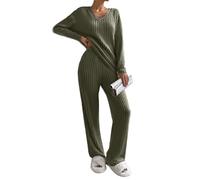 Joligiao Tuta da Donna in 2 Pezzi - Set Elegante in Maglia Con Pantaloni a Gamba Larga e Maglione Manica Corta Girocollo - Loungewear Autunnale (Verde Militare, M)