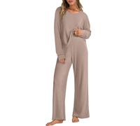 Joligiao Tuta da Donna in Maglia Autunnale Invernale Set da Salotto in 2 Pezzi Completo Elegante Set di Pantaloni a Gamba Larga e Maglione Manica Corta Girocollo Ginnastica Sportivo(Kaki,L)