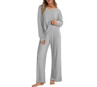 Joligiao Tuta da Donna in Maglia Autunnale Invernale Set da Salotto in 2 Pezzi Completo Elegante Set di Pantaloni a Gamba Larga e Maglione Manica Corta Girocollo Ginnastica Sportivo(Grigio,XXL)
