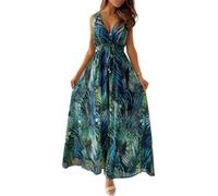 Joligiao Vestiti Donna Estivi Lunghi Eleganti Abiti Donna Scollo a V Senza Maniche Casual Vestito Boho Fiore Stampato Estivo Lungo Etnico Vestito Donna Curvy da Cerimonia Spiaggia(Verde,XXL)