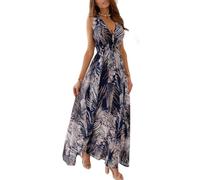 Joligiao Vestiti Donna Estivi Lunghi Eleganti Abiti Donna Scollo a V Senza Maniche Casual Vestito Boho Fiore Stampato Estivo Lungo Etnico Vestito Donna Curvy da Cerimonia Spiaggia(Blu,XXL)