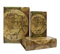 Jolitac Set di 3 scatole decorative per libri, con mappa del mondo, antiche, invisibili, con copertura magnetica, in finto legno