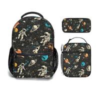 Jollitot Zaino per bambini con portapranzo, zaino leggero per la scuola, set da 3 pezzi, per ragazzi, design spaziale, zaino per bambini e ragazzi scuola elementare media, nero