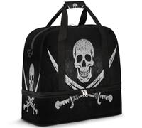 Jolly Roger - Borsone da viaggio con teschio pirata, per donne e uomini, con scheletro grunge, pieghevole, per sport, palestra, fine settimana, pernottamento, borsa da cabina con scomparto per scarpe