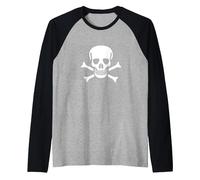 Jolly Roger Pirata Bandiera Teschio e Ossa Maglia con Maniche Raglan, Uomo, Nero/Grigio (Athletic Heather), M