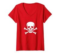 Jolly Roger Pirata Bandiera Teschio e Ossa Maglietta con Collo a V, Donna, Rosso, L