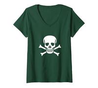 Jolly Roger Pirata Bandiera Teschio e Ossa Maglietta con Collo a V, Donna, Verde Foresta, XL