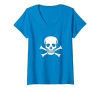 Jolly Roger Pirata Bandiera Teschio e Ossa Maglietta con Collo a V, Donna, Zaffiro, L