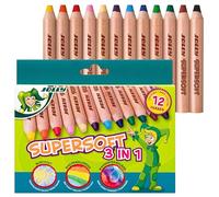 JOLLY Supersoft 3 in 1 - 12 colori Matite colorate, pastelli a cera e matite acquerellabili in un unico prodotto, mina extra morbida da 10 mm, resistente alla rottura e coprente, per bambini