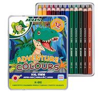 Jolly X-Big Adventure Colours - Set di 12 matite colorate per bambini, extra spesse, con mina XXL, 6,4 mm, infrangibile, elevata intensità di colore, con adesivo dinosauro, per principianti