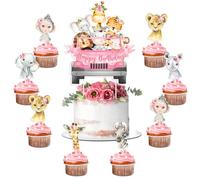 Jollyboom Decorazione per torta di compleanno a forma di animali della giungla, rosa safari Happy Birthday cake topper per ragazze due selvaggi una prima festa baby shower