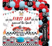 Jollyboom Decorazioni di compleanno con auto da corsa per il primo compleanno, decorazioni per feste di compleanno, sfondo striscione, tovaglia, topper per torte e cupcake, numero 1, per bambini di un