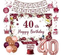 Jollyboom Decorazioni per 40° compleanno bordeaux, Happy 40th Birthday Sash Tiara Wine Red Flowers Sfondo Banner Hanging Swirls Cake Topper Palloncini 40 Foil per Lei Donne 40 Anni Forniture Regalo