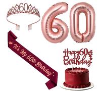 Jollyboom Decorazioni per 60° compleanno per lei, decorazioni di compleanno rosso vino bordeaux It's My 60th Sash Cake Topper Tiara Banner Numero 60 Palloncino in lamina per donne di 60 anni Regalo