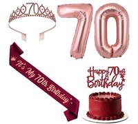 Jollyboom Decorazioni per 70° compleanno per lei, decorazioni di compleanno rosso vino bordeaux It's My 70th Sash Cake Topper Tiara Banner Numero 70 Palloncino in lamina per donne di 70 anni Regalo