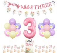 Jollyboom Decorazioni per feste di 3° compleanno, giovani selvatici e tre decorazioni, ghirlanda per torte e cupcake, numero 3, palloncini in lamina per bambina di 3 anni, fiore floreale margherita