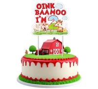 Jollyboom Decorazioni per feste di compleanno con animali della fattoria, Oink Baa Moo I Am Two Decorazioni per torte a tema fattoria fienile decorazione per torta a tema per 2 anni ragazzo ragazza