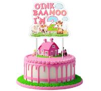 Jollyboom Decorazioni per feste di compleanno per 2° compleanno con animali della fattoria, Oink Baa Moo I Am Two Decorazioni per torta di compleanno rosa Fattoria Decorazione per torta per ragazze di