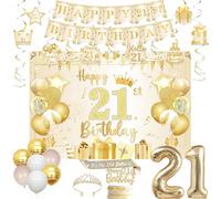 Jollyboom Decorazioni per il 21° compleanno per lei, bianco e oro, Happy 21st Birthday fascia e tiara sfondo banner appeso vortici topper per torta palloncini 21 fogli per donne 21 anni forniture per