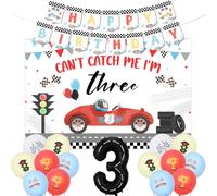 Jollyboom Decorazioni vintage per il 3° compleanno di auto da corsa per ragazzi, Can't Catch Me I'm Three Sfondo Happy Birthday Banner Retro Pastel Car Balloons 3 Foil Balloon per ragazzi Race Car