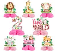 Jollyboom Due decorazioni per feste safari selvaggi, 8 pezzi centrotavola rosa a nido d'ape per ragazza 2° compleanno, tema giungla, animali da tavola per bambine di 2 anni