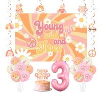 Jollyboom Groovy - Decorazione per 3° compleanno, motivo: giovane selvaggio e tre vortici da appendere, decorazione per torta con numero 3, per 3 anni, retrò, hippy, bohémien, margherita, decorazione