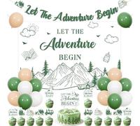 Jollyboom Let The Adventure Begin Baby Shower Decorations, Camping Adventure Awaits Sfondo Banner Cake Cupcake Toppers Palloncini per Salvia Verde Montagna Benvenuto Baby Party