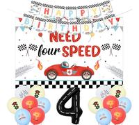 Jollyboom Need Four Speed 4th Birthday Decorations, Vintage Racing Car Decorazioni di compleanno Happy Birthday Banner Need 4 Speed Sfondo 4 Foil Balloon per ragazzi Retro Pastello Race Car Festa di